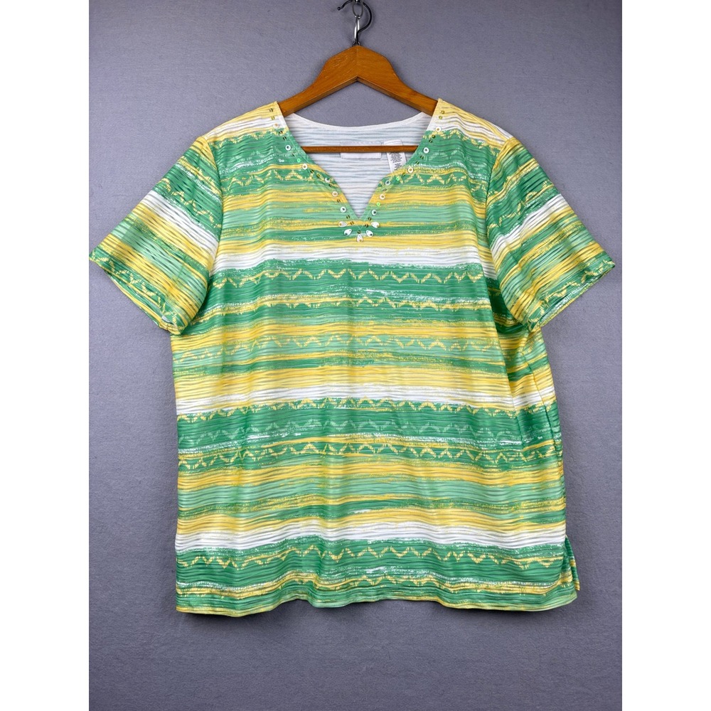 Alfred Dunner Top Womens XL Beaded V Neck Textured Stripe